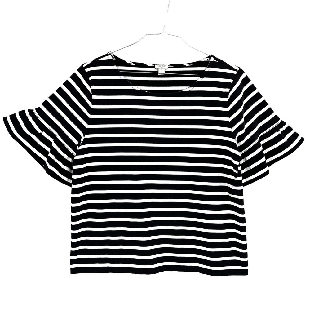 J Crew Womens XL Top Black White Striped Ruffle Bell Sleeve Top Cotton Tee